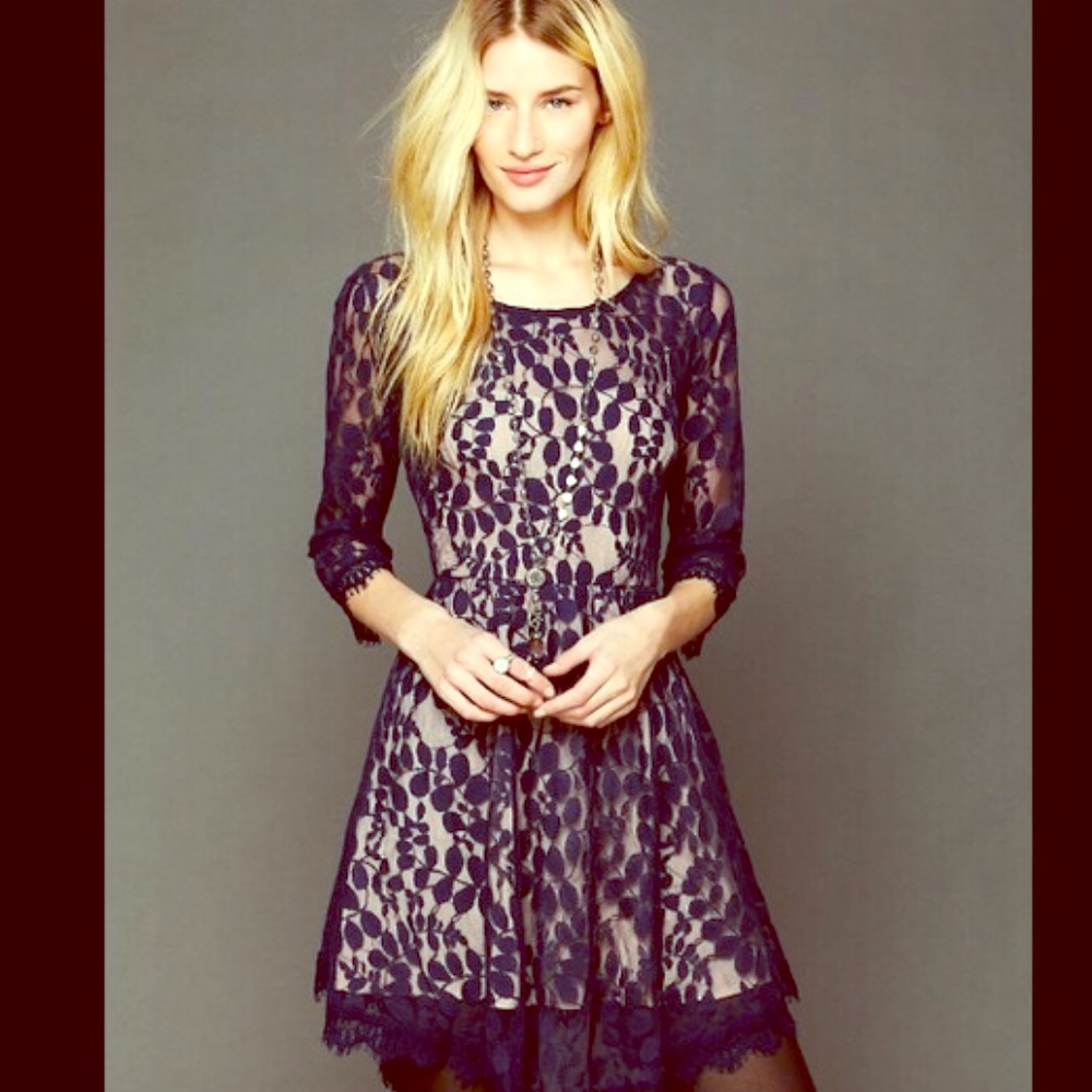 Free People Floral Lace Mesh Dress Navy Blue